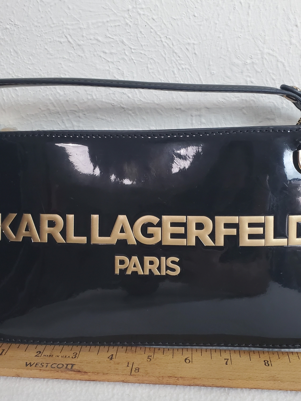 NWT Karl Lagerfeld Black Patent Clutch with Gold Logo